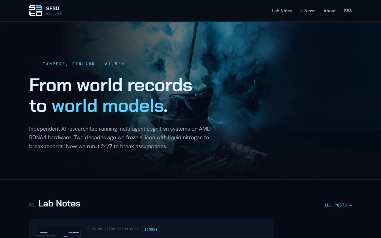 SF3D AI Lab: the front page with lab notes and the research feed