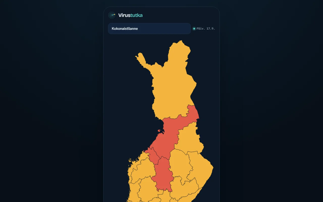 Virustutka: a map of Finland with each wellbeing region coloured by its respiratory-virus light, most amber, three red